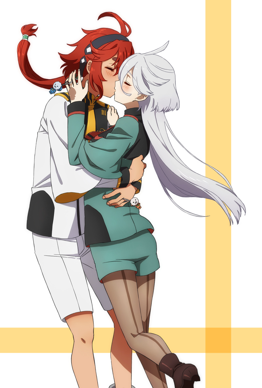 2girls ahoge asticassia_school_uniform black_footwear black_hairband blush boots closed_eyes commentary couple floating_hair green_jacket green_shorts grey_hair grey_pantyhose gundam gundam_suisei_no_majo hairband high_heels highres hug jacket kiss long_hair long_sleeves low_ponytail miorine_rembran multiple_girls oiun pantyhose pantyhose_under_shorts red_hair school_uniform shorts suletta_mercury thick_eyebrows white_jacket white_shorts yuri