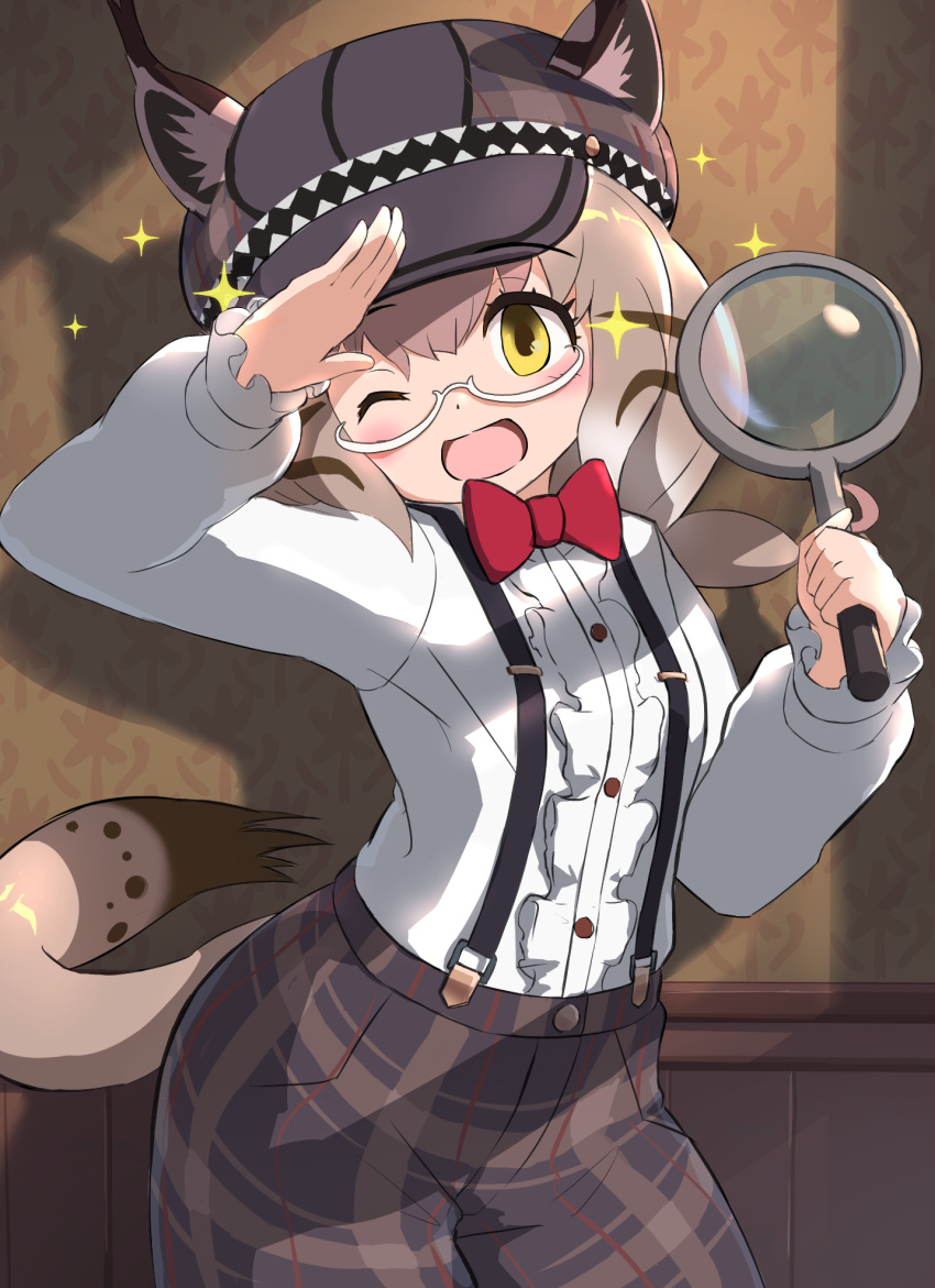 1girl blush bow bowtie brown_hair cabbie_hat center_frills commission cowboy_shot ears_through_headwear eurasian_lynx_(kemono_friends) frilled_sleeves frills glasses grey_pants hat highres kemono_friends kemono_friends_3 koutsuu_(koutuukanseikan) long_sleeves lynx_ears lynx_girl lynx_tail magnifying_glass official_alternate_costume one_eye_closed open_mouth pants pixiv_commission plaid plaid_pants puffy_sleeves red_bow red_bowtie salute semi-rimless_eyewear shirt short_hair smile solo spark suspenders white_shirt yellow_eyes