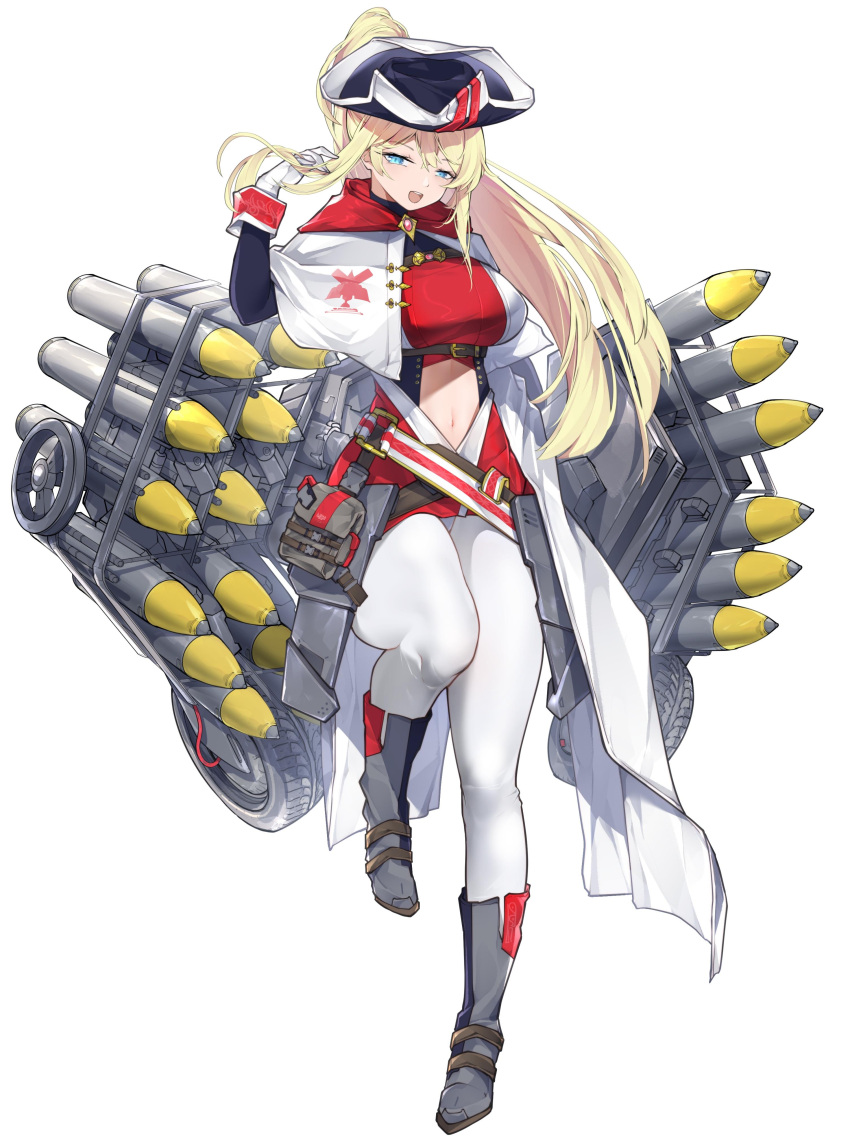 1girl absurdres bangs belt black_shirt blonde_hair blue_eyes breasts brown_belt character_request chest_belt chinese_commentary cloak clothing_cutout commentary_request full_body gem gloves grey_footwear hair_between_eyes hand_up high_ponytail highres large_breasts leg_up liu_zhao long_hair long_sleeves looking_at_viewer mecha_musume military missile navel navel_cutout open_mouth pants panzer_waltz red_gemstone red_shirt shirt sidelocks simple_background smile solo teeth underbust upper_teeth_only wheel white_background white_cloak white_gloves white_pants