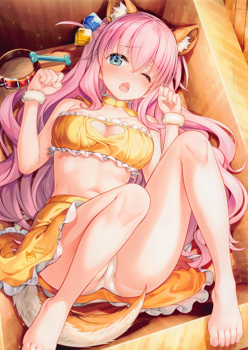 1girl absurdres animal_ear_fluff animal_ears bangs bare_legs bare_shoulders barefoot blue_eyes blush bocchi_the_rock! bra cleavage_cutout clothing_cutout cube_hair_ornament detached_collar feet frilled_bra frilled_skirt frills fujima_takuya gotou_hitori hair_between_eyes hair_ornament highres legs legs_up long_hair looking_at_viewer lying miniskirt nail_polish navel non-web_source on_back one_eye_closed one_side_up open_mouth panties pantyshot paw_pose pink_hair scrunchie skirt solo stomach tail toenail_polish toenails toes twitter_username underwear upskirt white_panties wrist_scrunchie yellow_bra yellow_collar yellow_skirt