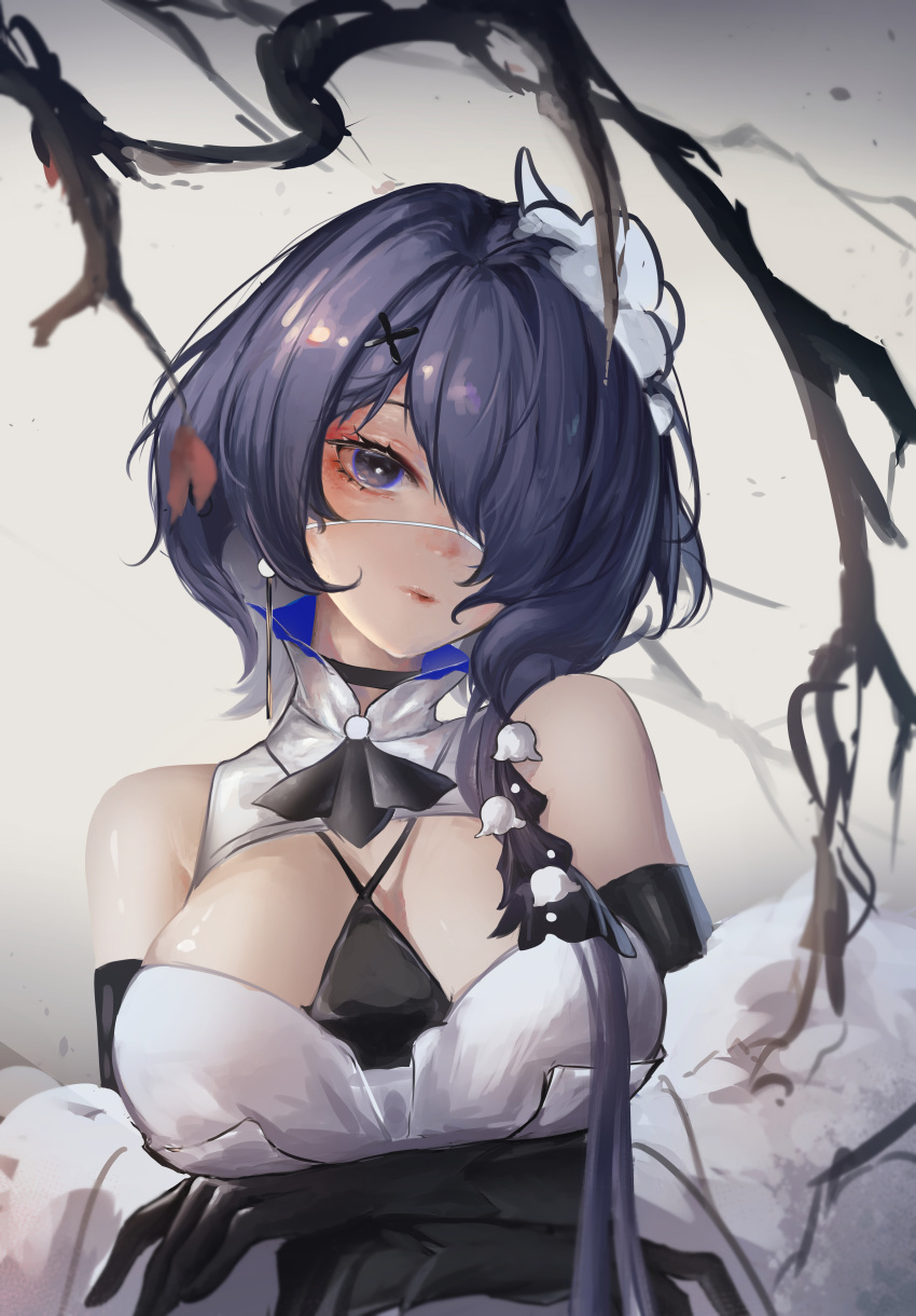 1girl absurdres arknights bare_shoulders beancake black_choker black_gloves branch breasts choker cleavage closed_mouth dress elbow_gloves gloves hair_ornament hair_over_shoulder head_tilt highres large_breasts long_hair looking_at_viewer purple_eyes purple_hair sleeveless sleeveless_dress solo upper_body very_long_hair whisperain_(arknights) white_dress x_hair_ornament