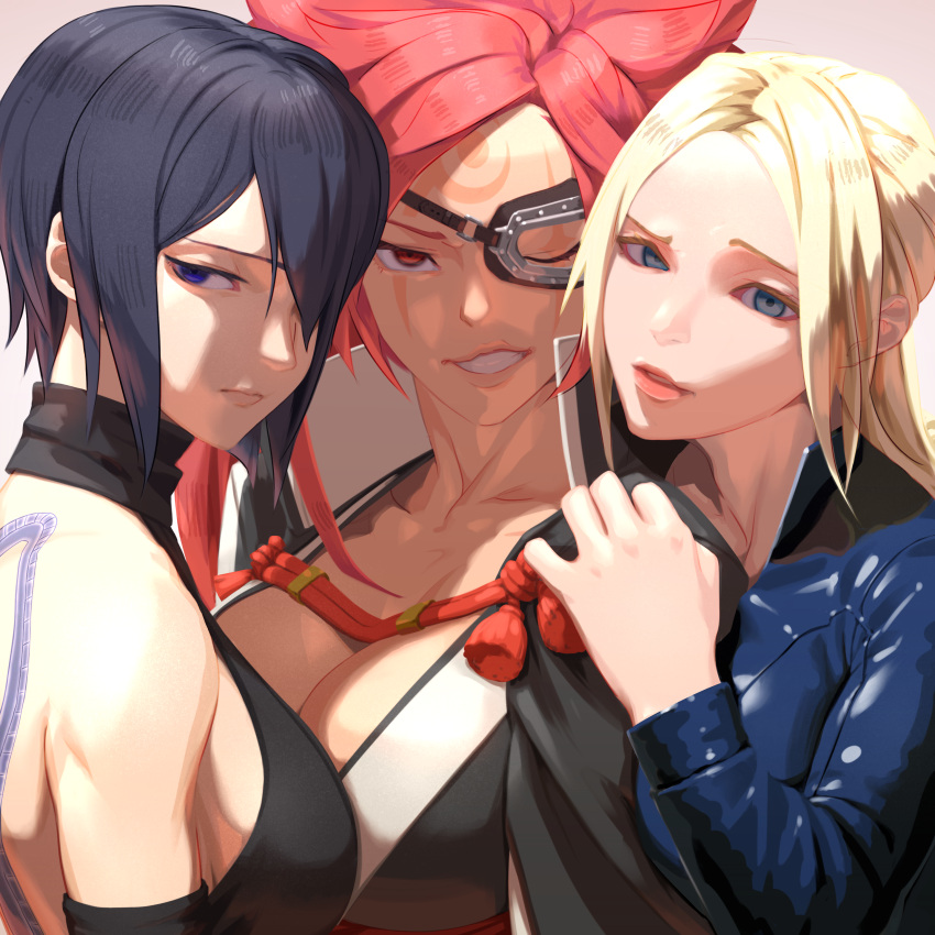 3girls absurdres amputee arm_on_shoulder back_tattoo baiken black_hair black_kimono blonde_hair blue_bodysuit blue_eyes bodysuit breast_press breasts cleavage commentary_request crossover eyepatch facial_tattoo forehead grin guilty_gear guilty_gear_xrd hair_over_one_eye highres huge_breasts japanese_clothes kataginu kimono large_breasts lips long_hair looking_at_viewer multiple_crossover multiple_girls nina_williams nose one-eyed pink_hair ponytail popped_collar purple_eyes red_eyes red_rope rope ryohhe samurai_spirits scar scar_across_eye shiki_(samurai_spirits) short_hair sideboob smile snake_tattoo tattoo tekken tekken_7 turtleneck_leotard