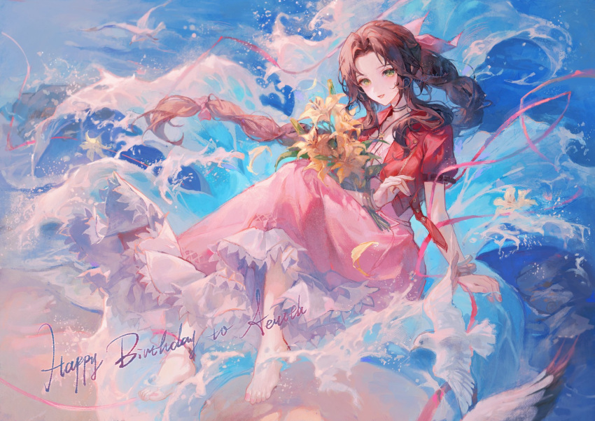 1girl aerith_gainsborough bangs beach bird bouquet braid collarbone final_fantasy final_fantasy_vii floating flower full_body green_eyes grey_choker happy_birthday highres holding holding_bouquet jacket long_hair long_skirt looking_at_viewer maccha_(mochancc) open_mouth parted_bangs pink_nails pink_ribbon pink_skirt red_hair red_jacket ribbon sand shirt short_sleeves sidelocks sitting skirt smile solo twin_braids water waves white_shirt wrist_cuffs yellow_flower