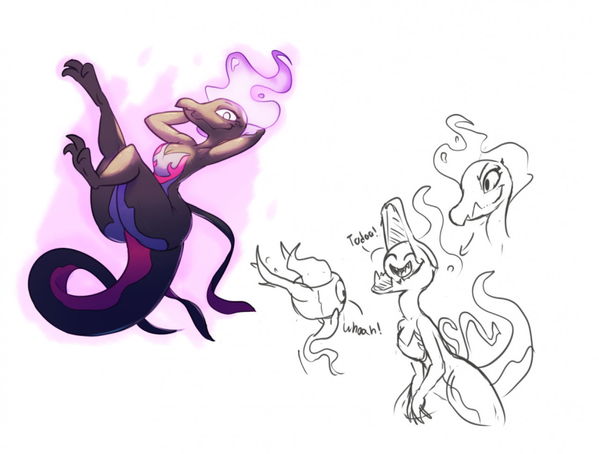 ambiguous_gender anthro duo female fire flaming_hair gastly generation_1_pokemon generation_7_pokemon ghost ghostly lizard mind_control nintendo open_mouth pipepumpkin pokemon pokemon_(species) possession pseudo_hair reptile salazzle scalie spirit