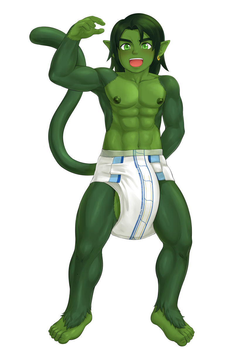 abena abs absurd_res alternate_version_at_source animal_humanoid anime_eyes beast_boy big_diaper big_nipples blush body_hair clean_diaper clothed clothing diaper diaper_fetish diaper_only ear_piercing ear_ring fairwind fur golden_earrings green_body green_eyes green_fur green_hair green_nipples hair hairy_arms hairy_feet hairy_legs hand_behind_back hi_res humanoid humanoid_pointy_ears infantilism male mammal mammal_humanoid monkey_tail muscular muscular_arms muscular_legs muscular_male navel nipples open_mouth pecs piercing ring_piercing solo topless wearing_diaper