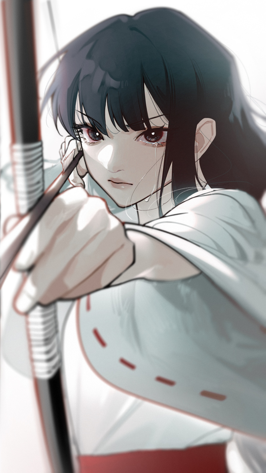 1girl absurdres aiming aiming_at_viewer archery arrow_(projectile) bangs black_hair blurry bow_(weapon) closed_mouth crying depth_of_field drawing_bow eyelashes eyeliner gootai highres holding holding_arrow holding_bow_(weapon) holding_weapon inuyasha japanese_clothes kikyou_(inuyasha) lips long_hair long_sleeves looking_at_viewer makeup miko outstretched_arm sad simple_background solo sunlight tears_from_one_eye up_sleeve upper_body weapon white_background wide_sleeves