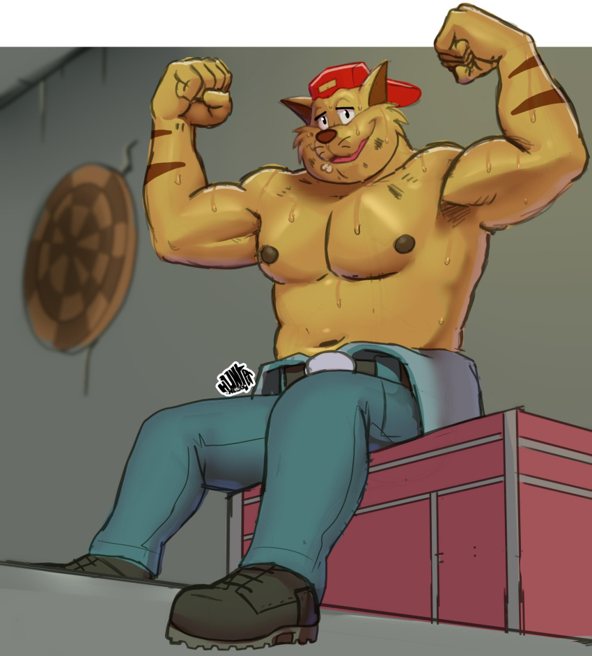 2023 anthro backwards_baseball_cap backwards_hat baseball_cap belly belt biceps bodily_fluids boots bottomwear chance_furlong clothed clothing dartboard denim denim_clothing domestic_cat felid feline felis flexing flexing_both_biceps footwear hanna-barbera hat headgear headwear hi_res hunter-husky inside jeans looking_at_viewer low-angle_view male mammal manly mechanic musclegut navel nipples overalls pants partially_clothed pecs pose red_baseball_cap sitting slightly_chubby smile solo striped_body stripes swat_kats sweat sweatdrop topless triceps