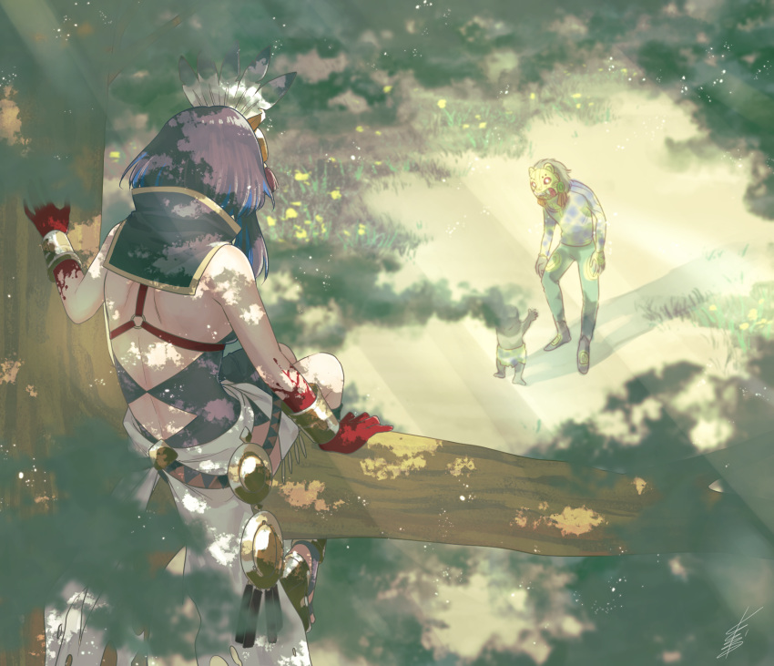 1boy 1girl animal_helmet back black_hair blood blood_on_hands bracelet child detached_collar fate/grand_order fate_(series) feather_hair_ornament feathers green_pants hair_ornament highres huitzilopochtli_(fate) jewelry pants peeking sitting sitting_on_branch spots tree user_dhue8322