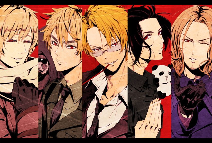 allied_forces america_(hetalia) axis_powers_hetalia azuman-x biting black_hair blonde_hair china_(hetalia) evil_smile france_(hetalia) glasses gloves looking_at_viewer military military_uniform necktie panda personification red_eyes russia_(hetalia) scarf smile thick_eyebrows uniform united_kingdom_(hetalia)