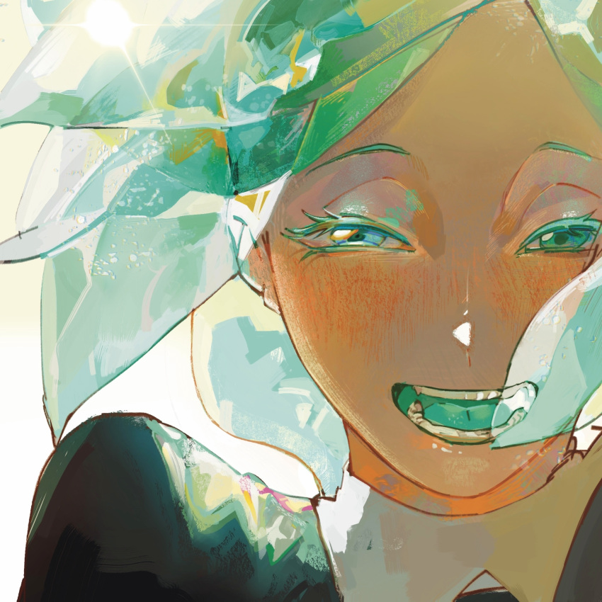 1other androgynous aqua_eyes aqua_hair bangs black_shirt blush collared_shirt colored_eyelashes colored_mouth crystal_hair floating_hair gem_uniform_(houseki_no_kuni) glint glowing glowing_hair half-closed_eyes highres houseki_no_kuni looking_at_viewer open_mouth other_focus parted_bangs phosphophyllite phosphophyllite_(ll) portrait shirt short_hair smile solo sparkle teeth translucent translucent_hair white_shirt wind xiaoxiaoguguzi