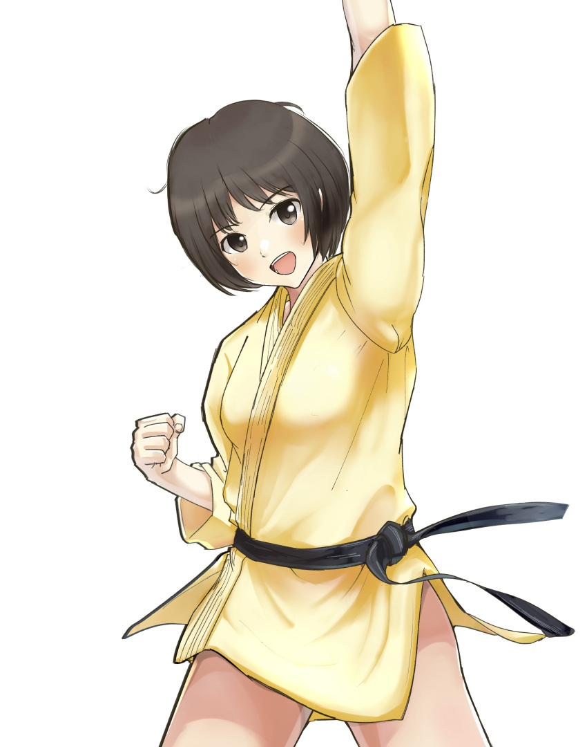 1girl :d absurdres amagami arm_up bangs bare_legs belt black_belt blush bob_cut breasts brown_eyes brown_hair clenched_hand commentary contrapposto cowboy_shot dougi floating_clothes gyuunyuu_pack_(tanaka) head_tilt highres japanese_clothes looking_at_viewer medium_breasts messy_hair no_pants open_mouth robe short_hair simple_background smile solo spread_legs standing tachibana_miya teeth thighs triumph_(expression) upper_teeth_only white_background yellow_robe