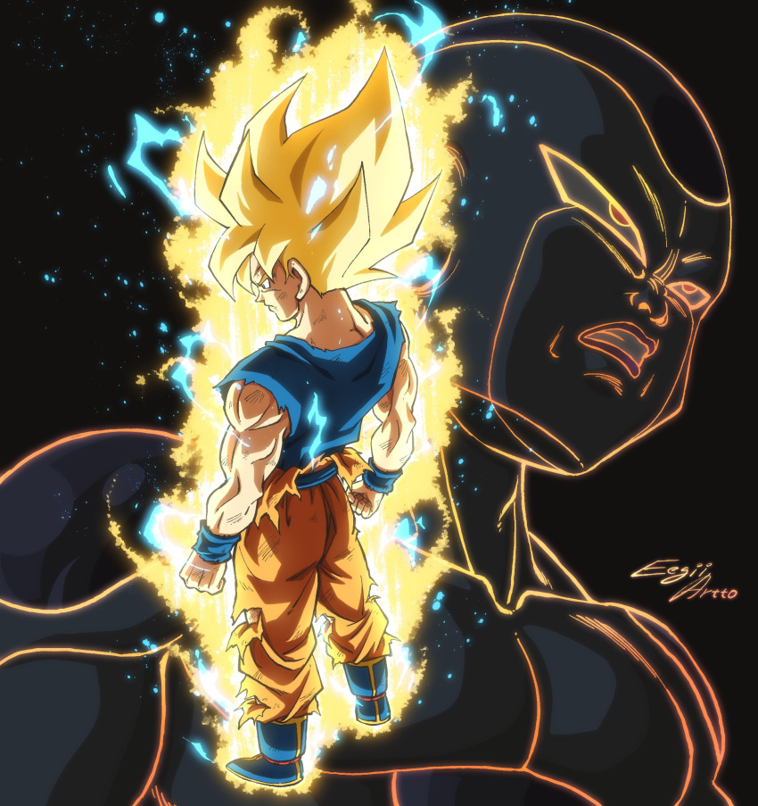 2boys artist_name aura biceps black_background blonde_hair blue_footwear blue_sash blue_shirt blue_wristband boots closed_mouth commentary dougi dragon_ball dragon_ball_z eegiiartto electricity energy english_commentary facing_away frieza frown full_body glowing green_eyes highres looking_away male_focus multiple_boys muscular muscular_male open_mouth profile sash scratches shirt signature son_goku spiked_hair super_saiyan super_saiyan_1 torn_clothes upper_body v-shaped_eyebrows wristband