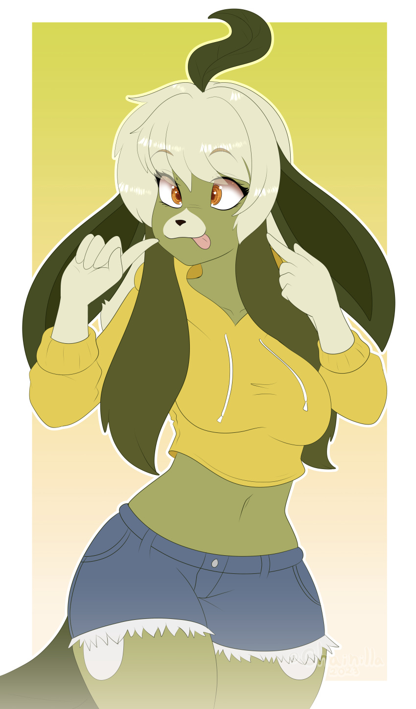 absurd_res bottomwear clothing crop_top disney eeveelution female fur generation_4_pokemon goofy_(disney) green green_body green_fur hair hi_res hotpants leaf leafeon leafeon_anthro long_hair nintendo orange_eyes pokemon pokemon_(species) shirt shorts silly sweater topwear yellow_clothing yellow_sweater yellow_topwear