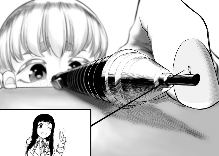 1girl 1other close-up commentary eyebrows_hidden_by_hair fingernails freckles greyscale hatching_(texture) highres kiyoshi2431 long_hair mechanical_pencil minigirl monochrome one_eye_closed original pencil school_uniform smile thick_eyebrows v