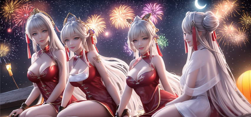 4girls aerial_fireworks ai-generated china_dress chinese_clothes dress fireworks highres multiple_girls new_year non-web_source