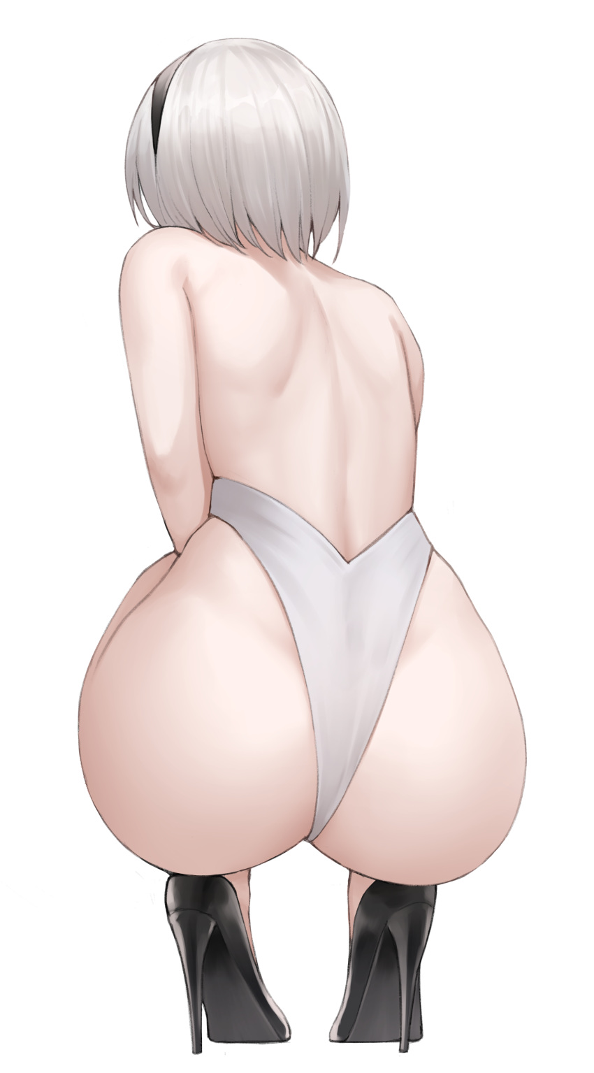 1girl absurdres ass bare_back bare_shoulders black_footwear black_hairband commentary from_behind full_body hairband high_heels highres median_furrow nier_(series) nier_automata nyatokanyaru shoes short_hair simple_background solo squatting white_background white_hair yorha_no._2_type_b