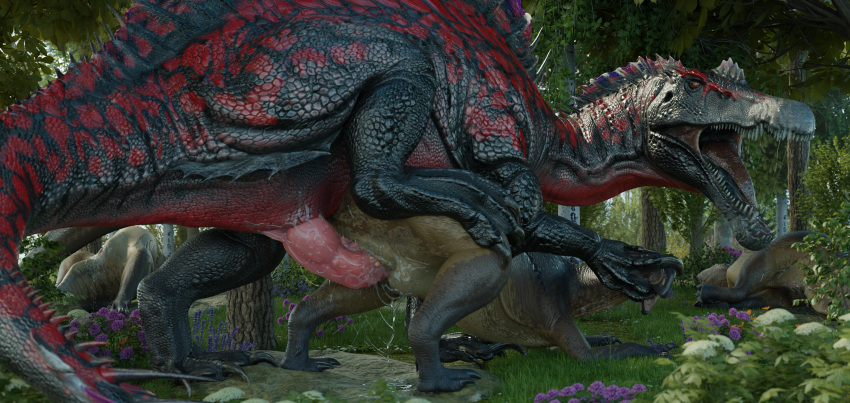 3d_(artwork) ark_survival_evolved barlu blender_(software) bodily_fluids claws cum digital_media_(artwork) dinosaur duo feet female feral genital_fluids genitals hi_res iguanodon iguanodontid liquid male male/female ornithischian penis pussy reptile scales scalie sex spinosaurid spinosaurus teeth the_isle theropod