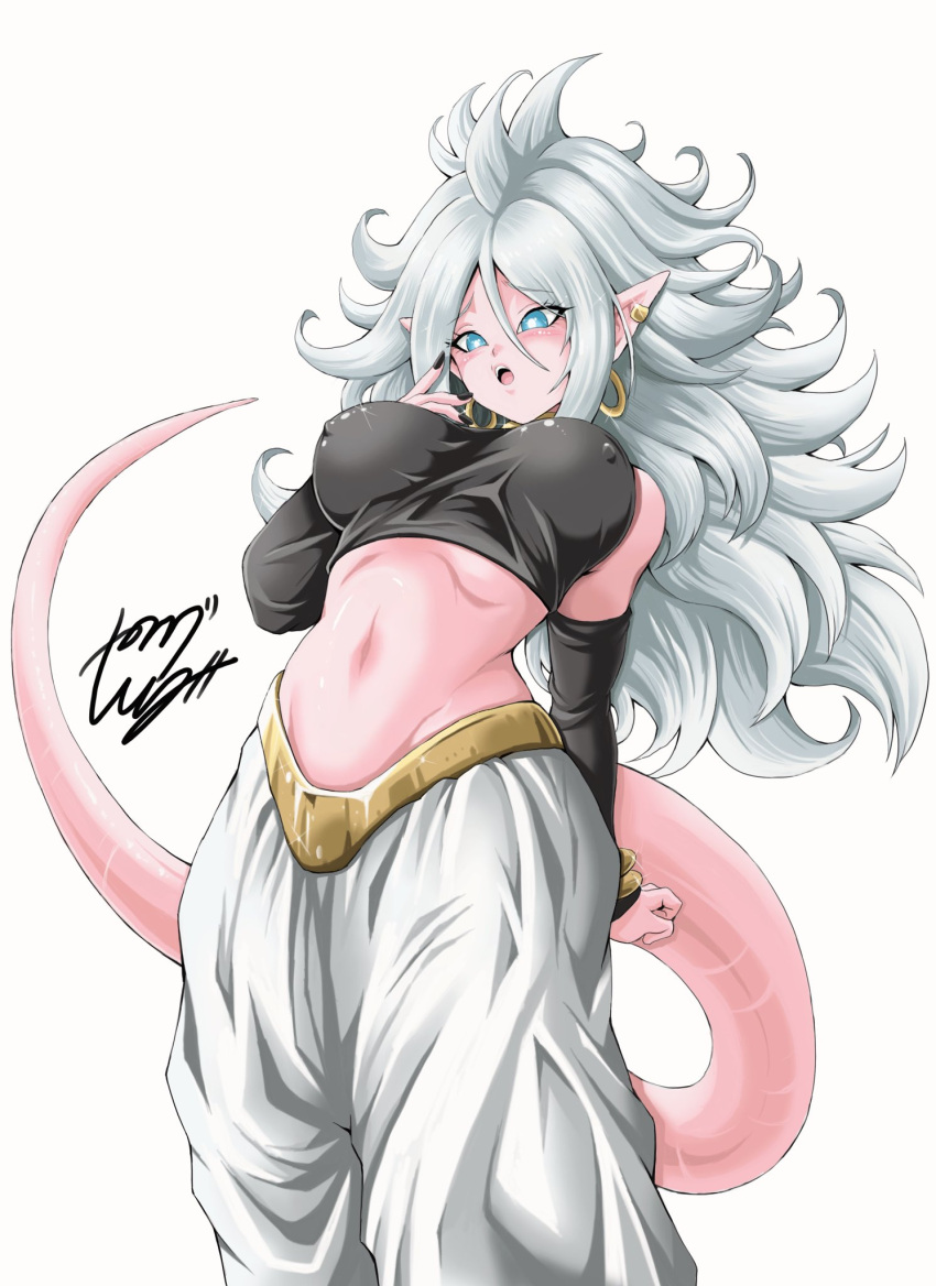 1girl android_21 arched_back arm_warmers baggy_pants black_nails blue_eyes bracelet breasts commentary covered_nipples crop_top dragon_ball dragon_ball_fighterz ear_piercing earrings groin highres hoop_earrings jewelry large_breasts majin_android_21 navel open_mouth pants piercing pointy_ears signature solo strapless tail tube_top white_hair youngjijii
