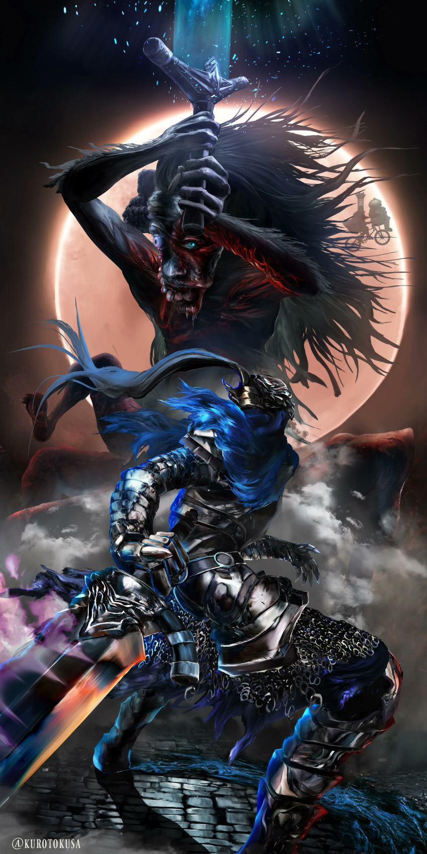4boys absurdres armor artorias_the_abysswalker battle bicycle bloodborne dark_souls_(series) dark_souls_i flying ground_vehicle highres holding holding_sword holding_weapon kurotokusa ludwig_the_accursed md5_mismatch micolash_host_of_the_nightmare moon multiple_boys siegward_of_catarina sword weapon
