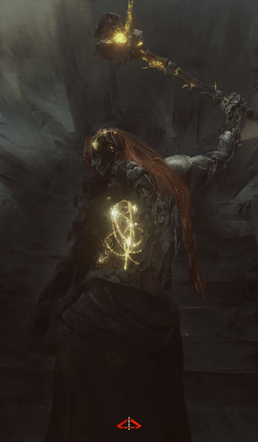decay deformed elden_ring elden_ring_(object) hammer highres holding holding_hammer holding_weapon long_hair looking_at_viewer looking_back radagon_of_the_golden_order red_hair vi-vi-vi weapon