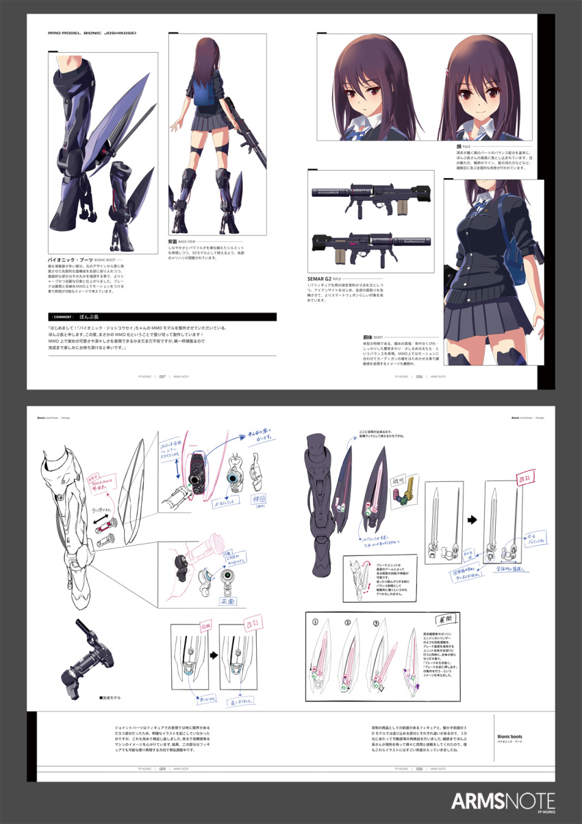 1girl arms_note backpack bag bangs bionic_joshikousei_(fukai_ryousuke) blue_ribbon boots brown_eyes brown_hair cardigan character_name circle_name collared_shirt commentary copyright_name english_text foregrip fukai_ryosuke full_body grey_skirt gun hair_between_eyes hair_ornament hairclip highres holding holding_gun holding_weapon lineart looking_down mechanical_boots multiple_views neck_ribbon pleated_skirt reference_sheet ribbon rifle school_uniform shirt shoe_blade skirt sleeves_pushed_up smile standing thigh_strap vertical_foregrip weapon white_background