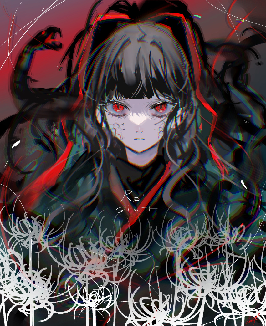 1girl absurdres azami_(kagerou_project) bangs bearo black_hair black_jacket black_kimono blunt_bangs blurry chromatic_aberration closed_mouth commentary english_text eyelashes flower glaring gradient_background grey_background highres jacket japanese_clothes kagerou_project kimono light_frown limited_palette long_hair looking_at_viewer open_mouth pale_skin red_background red_eyes red_ribbon red_trim ribbon sanpaku scales serious sketch slit_pupils snake solo spider_lily split_mouth straight-on string tsurime upper_body wavy_hair white_flower white_spider_lily