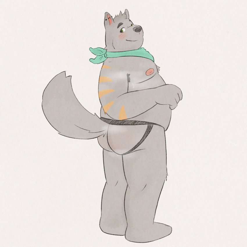 1:1 absurd_res anthro armpit_hair bandanna blush bodily_fluids body_hair butt clothing ear_piercing green_eyes hi_res inkyflush jockstrap kerchief lou(thewolf) male musk musk_clouds piercing presenting presenting_hindquarters slightly_chubby solo sweat underwear