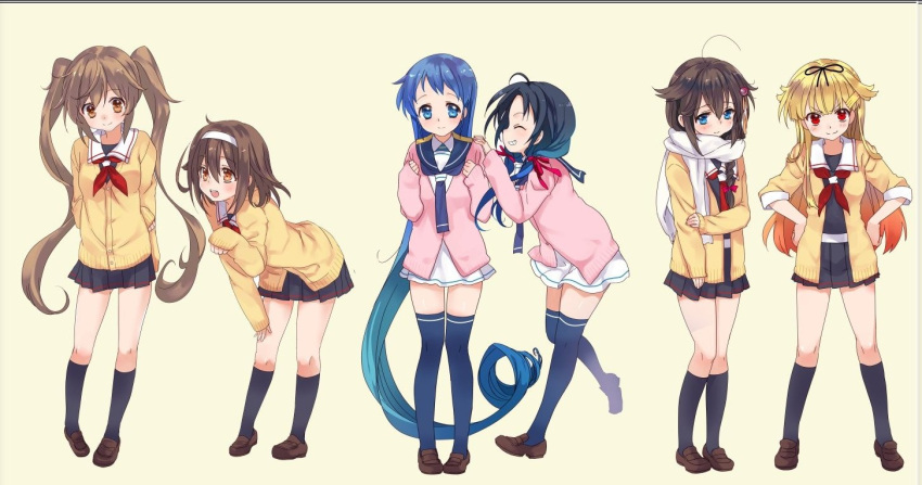 6+girls ahoge black_hair black_neckerchief black_ribbon black_sailor_collar black_skirt black_socks black_thighhighs blonde_hair blue_eyes blue_hair braid brown_eyes brown_footwear cardigan closed_eyes commentary_request gradient_hair hair_flaps hair_ornament hair_over_shoulder hair_ribbon hairband hairclip hands_on_hips kantai_collection light_brown_hair loafers long_hair low_twintails malino_(dream_maker) multicolored_hair multiple_girls murasame_(kancolle) neckerchief pink_cardigan pleated_skirt red_eyes red_neckerchief ribbon sailor_collar samidare_(kancolle) scarf school_uniform serafuku shigure_(kancolle) shigure_kai_ni_(kancolle) shiratsuyu_(kancolle) shoes single_braid skirt sleeveless socks standing suzukaze_(kancolle) thighhighs twintails white_hairband white_sailor_collar white_scarf white_skirt yellow_cardigan yuudachi_(kancolle)