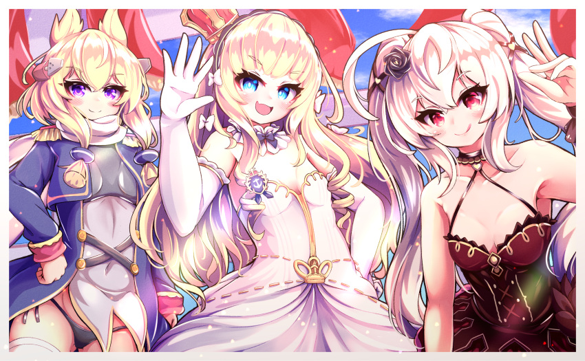 3girls alma_stella azur_lane black_panties blonde_hair blue_eyes breasts coat crown detached_collar dress elbow_gloves epaulettes evening_gown gloves gold_trim hair_ears halterneck headgear highres lace-trimmed_hairband lace_trim layered_dress long_hair long_sleeves looking_at_viewer mini_crown multiple_girls official_alternate_costume open_mouth panties pantyshot purple_coat purple_eyes queen_elizabeth_(azur_lane) queen_elizabeth_(the_queen's_ball)_(azur_lane) red_dress red_eyes scarf sleeveless sleeveless_dress small_breasts strapless strapless_dress underwear valiant_(azur_lane) valiant_(queen_valiant_i)_(azur_lane) warspite_(azur_lane) white_dress white_gloves white_hair white_scarf