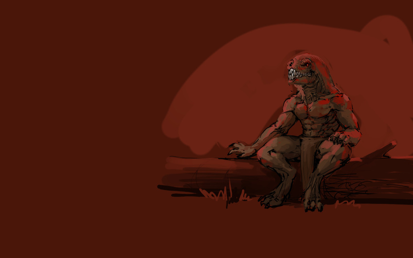 beckoning bottomwear clothing gesture hi_res humanoid log loincloth looking_at_viewer male meandraco monster muscular muscular_male red_eyes sharp_teeth showing_teeth sitting solo teeth wood