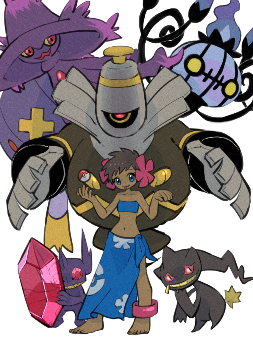 1girl anklet banette barefoot blue_eyes blue_shirt blue_skirt brown_hair chandelure drifblim dusknoir flower hair_flower hair_ornament highres jewelry long_skirt mega_pokemon mega_sableye mismagius navel phoebe_(pokemon) pink_flower poke_ball pokemon pokemon_(game) pokemon_rse sableye samepaku shirt short_hair skirt smile strapless tan tongue tongue_out tube_top white_background