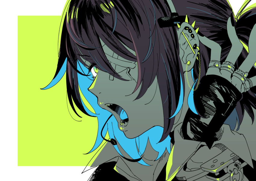 1girl arknights asbestos_(arknights) black_gloves black_hair blue_hair blue_tongue colored_inner_hair colored_tongue ear_piercing eyepatch fingerless_gloves gloves green_eyes hair_between_eyes headset jewelry limited_palette looking_at_viewer multicolored_hair open_mouth piercing portrait profile sharp_teeth short_hair simple_background solo teeth two-tone_hair yukataro