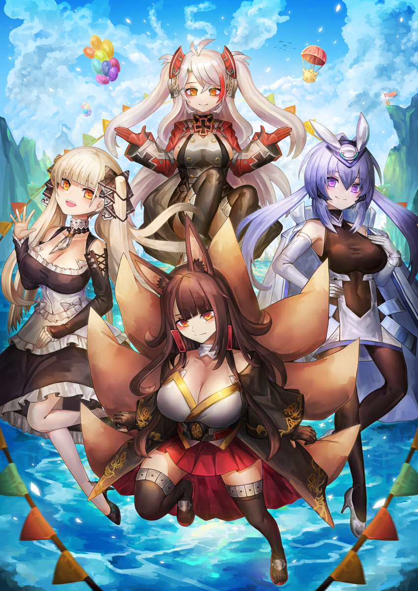 4girls absurdres akagi_(azur_lane) animal_ears azur_lane balloon between_breasts black_dress black_kimono black_thighhighs blue_sky bodystocking breasts brown_hair brown_tail brown_thighhighs buttons cleavage cloud cloudy_sky covered_navel cross double-breasted dress elbow_gloves formidable_(azur_lane) fox_ears fox_girl fox_tail frilled_dress frills gloves gothic_lolita grey_hair hair_ribbon hand_on_own_chest headgear high_heels highres iron_cross japanese_clothes kimono kitsune kyuubi large_breasts light_smile lolita_fashion long_hair long_sleeves looking_at_viewer manjuu_(azur_lane) metal_belt miniskirt multicolored_hair multiple_girls multiple_tails necktie necktie_between_breasts new_jersey_(azur_lane) orange_eyes outdoors pantyhose parachute pleated_skirt prinz_eugen_(azur_lane) purple_eyes purple_hair red_eyes red_gloves red_hair red_skirt ribbon sakuramon shoes side_cutout sideboob skirt sky streaked_hair tail thighhighs two-tone_dress two-tone_ribbon very_long_hair water white_footwear white_gloves white_hair white_pantyhose zettai_ryouiki ziteng_yue