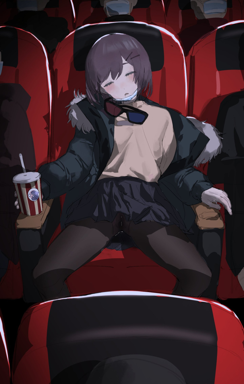 1girl 3d_glasses 5others black_hair black_jacket black_pantyhose black_skirt blush bob_cut closed_eyes covered_mouth cup down_jacket eyewear_removed fur-trimmed_jacket fur_trim glasses hair_ornament hairclip head_tilt highres holding holding_cup jacket long_sleeves mask mask_pull miniskirt misa_(929382672) mouth_mask movie_theater multiple_others off_shoulder on_chair open_clothes open_jacket original pantyhose peeing peeing_self pleated_skirt saliva short_hair sitting skirt sleeping spread_legs surgical_mask sweater yellow_sweater