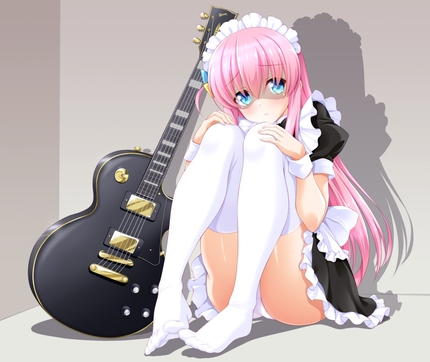 1girl apron bangs bashen_chenyue blue_eyes bocchi_the_rock! feet gotou_hitori guitar hair_between_eyes hair_over_eyes highres instrument leggings long_hair maid maid_apron maid_headdress no_shoes one_side_up panties pantyhose pink_hair puffy_sleeves socks solo thighhighs underwear white_apron white_leggings white_panties white_pantyhose white_thighhighs