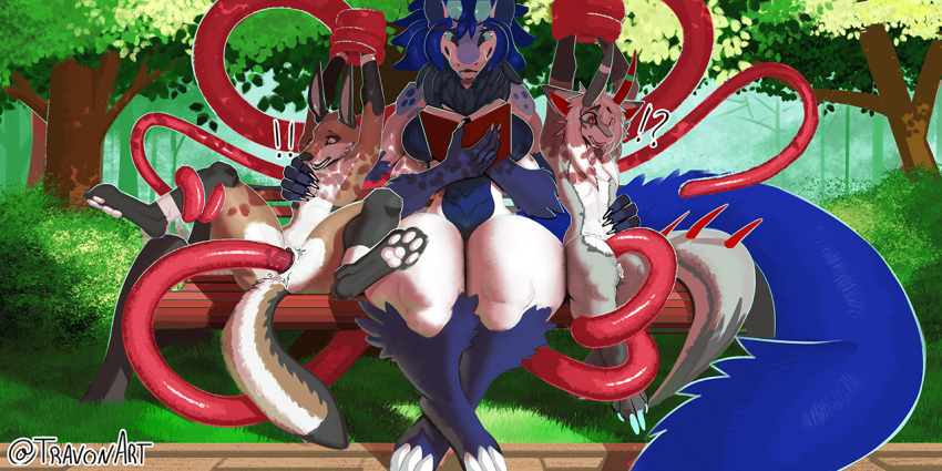 2022 4_arms andromorph andromorph/female anthro arthropod artist_name asian_mythology back_tentacles bench blue_body blue_fur blue_hair blue_scales book bound_by_tentacles breasts canid clawed_feet claws countershade_face countershade_neck countershade_torso countershading crossed_legs detailed_background digital_media_(artwork) digital_painting_(artwork) digitigrade dragon ears_up east_asian_mythology exclamation_point female fur fur_markings glistening glistening_tentacles gloves_(marking) grass grey_body grey_fur group hair horn hybrid insect intersex intersex/female japanese_mythology leg_markings lepidopteran looking_at_object looking_down mammal markings moth multi_arm multi_limb multicolored_eyes mythology nude outside park park_bench pawpads penetration plant public public_sex question_mark questionable_consent reading reading_book red_tentacles scales sex shaded sitting sitting_on_bench socks_(marking) spread_legs spreading surprise surprised_expression tan_body tan_fur tentacle_around_arm tentacle_around_leg tentacle_in_pussy tentacle_penetration tentacle_sex tentacles thick_thighs toe_claws torso_grab travon tree tremble_spikes trio two_tone_eyes vaginal vaginal_penetration white_body white_countershading white_fur white_pawpads yokai