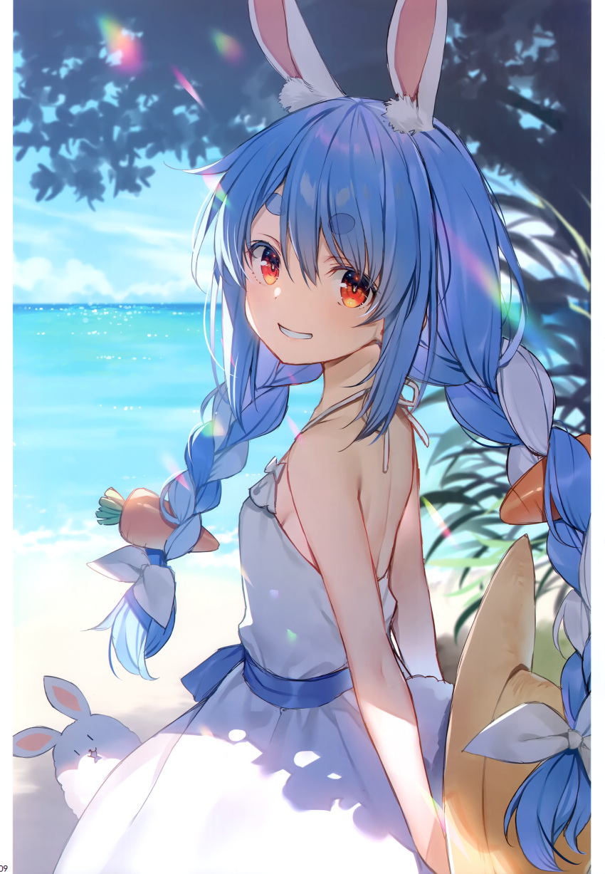 1girl absurdres bangs blue_hair day dress highres hololive looking_at_viewer multicolored_hair ocean orange_hair outdoors scan simple_background sleeveless sleeveless_dress solo two-tone_hair usada_pekora virtual_youtuber water white_hair yuuki_hagure