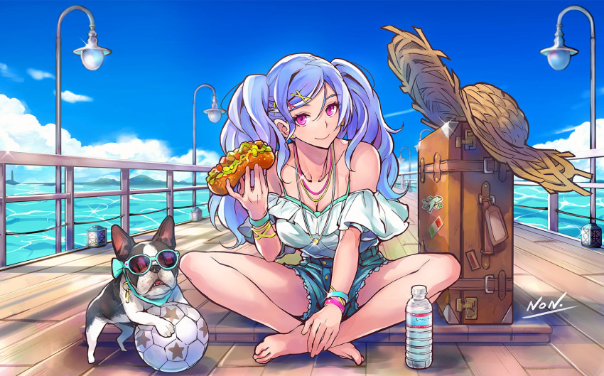 1girl ball barefoot blue_sky bottle bracelet breasts cleavage commentary_request cutoffs day dog earrings food full_body hair_ornament hat hat_removed headwear_removed highres holding holding_food hot_dog indian_style jewelry kujou_non long_hair looking_at_viewer medium_breasts necklace ocean off-shoulder_shirt off_shoulder original pendant pier pink_eyes pug purple_hair shirt sitting sky smile solo_focus straw_hat stud_earrings suitcase summer sun_hat sunglasses water_bottle x_hair_ornament