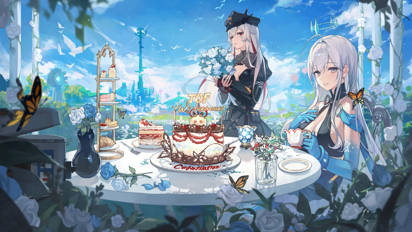 2girls ahoge bare_shoulders black_dress black_headwear bouquet breasts bug butterfly cake claudia_(tower_of_fantasy) cup day dress flower food gradient_skin grey_eyes grin halo hat highres holding holding_bouquet long_hair long_sleeves looking_at_viewer medium_breasts meryl_(tower_of_fantasy) multicolored_hair multiple_girls outdoors peaked_cap red_eyes sitting sleeveless sleeveless_dress smile standing streaked_hair table teacup tiered_tray tower_of_fantasy ttosom vase white_hair