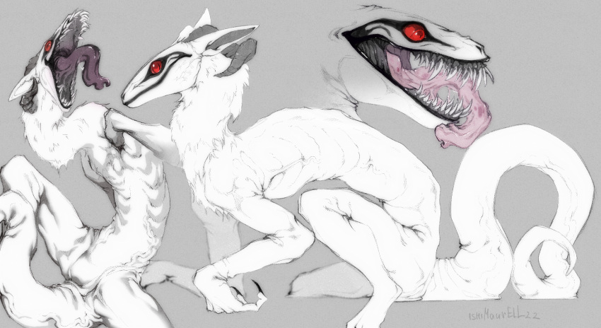 2022 ambiguous_gender black_claws black_lips claws curved_horn digitigrade fur grey_background grey_horn hi_res horn ishimaurell lips monster multiple_images pupils red_eyes signature simple_background slit_pupils solo synx tail teeth white_body white_fur white_skin