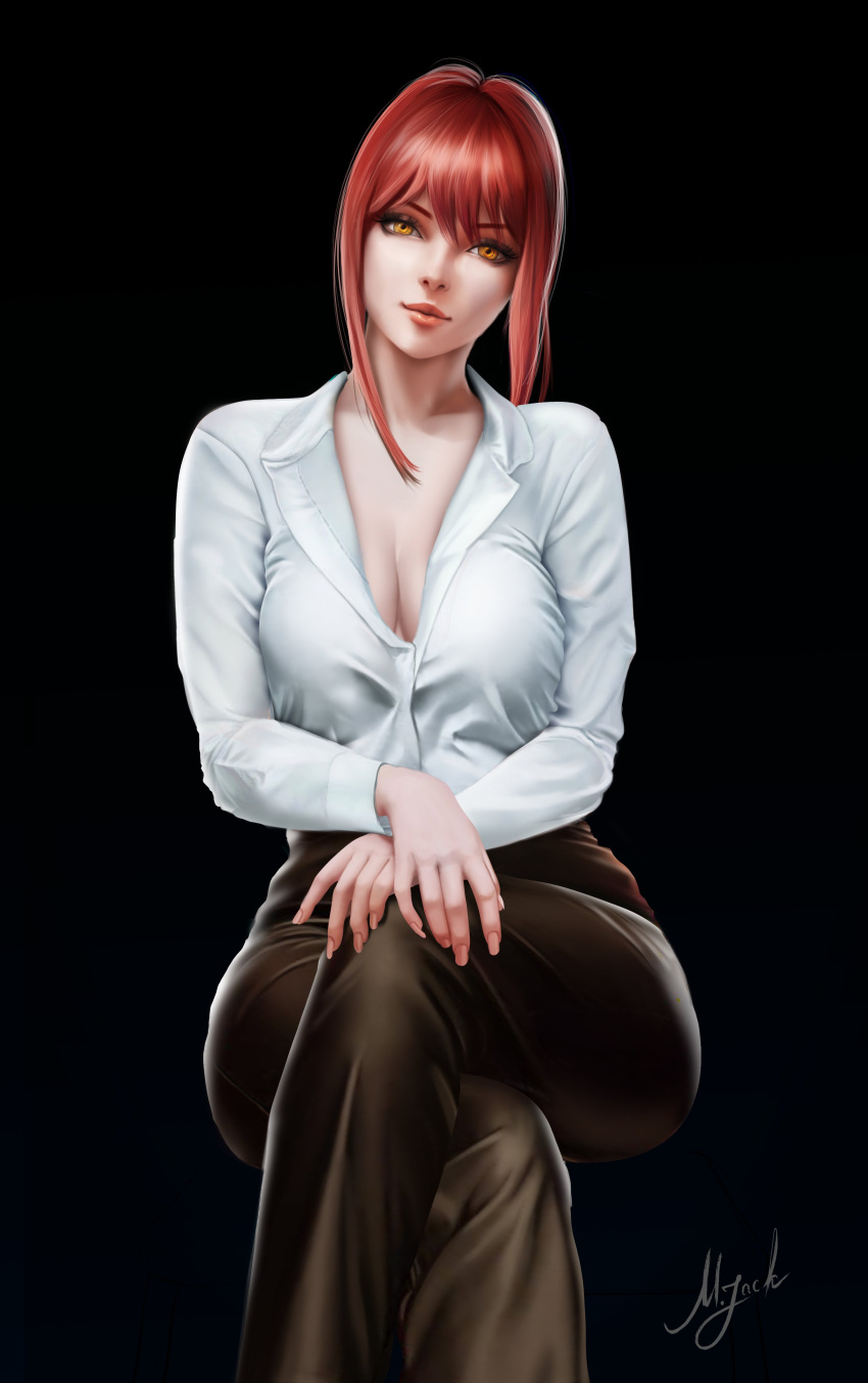 1girl absurdres bangs black_background black_pants breasts chainsaw_man collared_shirt crossed_legs highres lips looking_at_viewer makima_(chainsaw_man) medium_breasts moonlen-jack pants partially_unbuttoned red_hair ringed_eyes shirt short_hair_with_long_locks sitting solo yellow_eyes