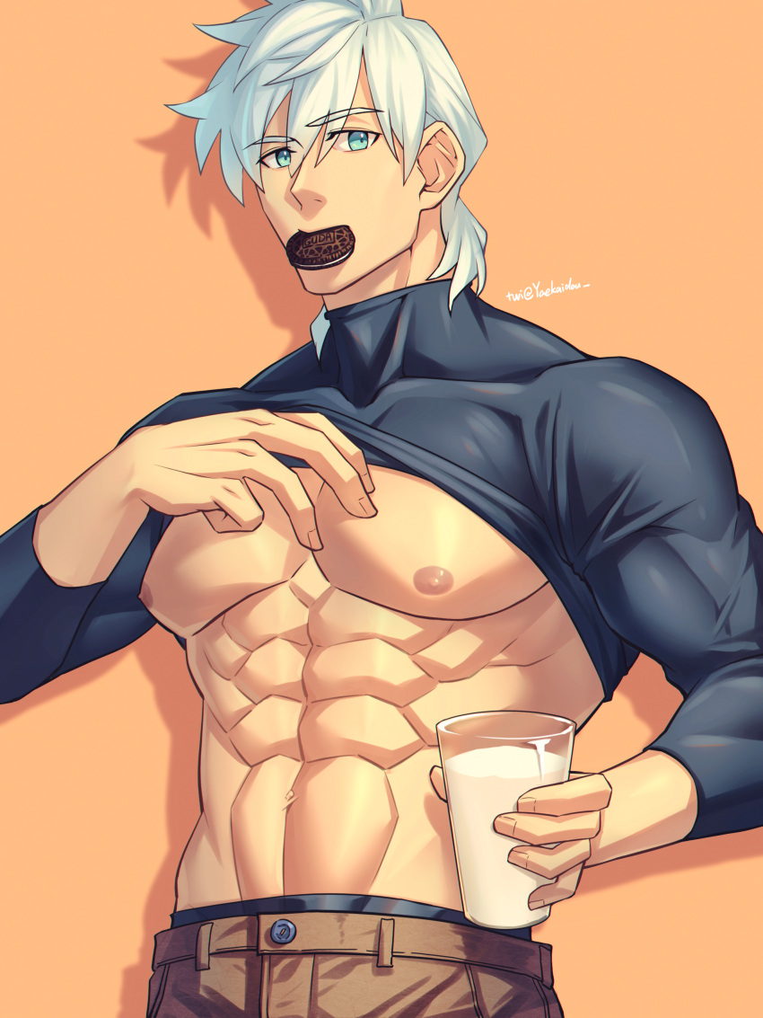 1boy abs absurdres bangs bara black_male_underwear black_shirt blue_eyes brown_pants clothes_lift cookie cup fate/grand_order fate_(series) food food_in_mouth highres holding holding_cup large_pectorals lifted_by_self looking_at_viewer male_focus male_underwear male_underwear_peek milk muscular muscular_male orange_background oreo pants pectorals percival_(fate) shirt shirt_lift short_hair solo turtleneck underpec underwear white_hair yaekaidou