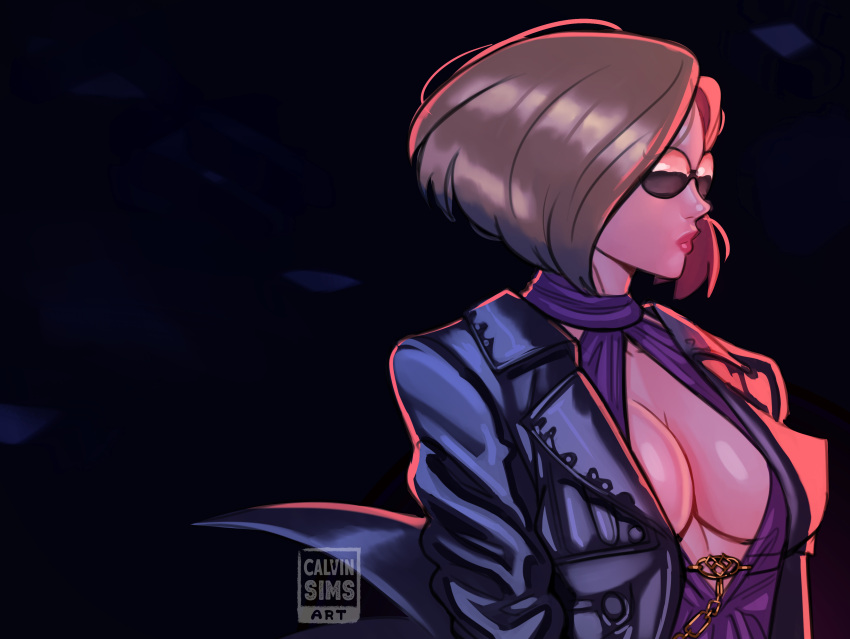 1girl absurdres black_background black_jacket breasts calvin_sims center_opening chain cleavage commentary dress english_commentary from_side halter_dress halterneck highres jacket large_breasts leather leather_jacket lips looking_to_the_side nina_williams no_bra nose purple_dress short_hair solo standing sunglasses tekken