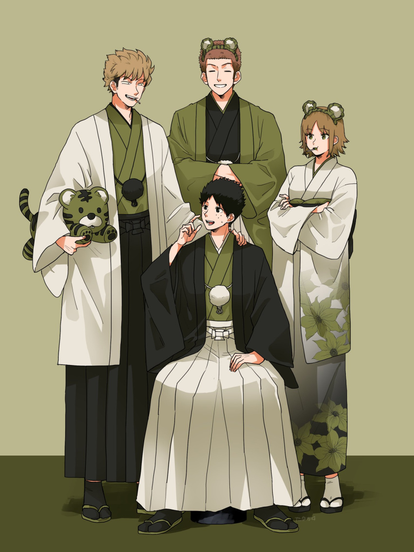 1girl 3boys ^_^ animal_ears bangs black_coat black_footwear black_hair black_hakama black_socks candy carrying carrying_under_arm closed_eyes coat crossed_arms fake_animal_ears floral_print food freckles full_body gradient_kimono green_coat green_footwear green_kimono green_theme hairband hakama hand_on_another's_shoulder hand_up hands_in_opposite_sleeves haori haori_himo highres japanese_clothes kimono lollipop long_sleeves looking_at_another looking_at_viewer looking_away looking_to_the_side mouth_hold multicolored_hair multiple_boys obi open_mouth osano_rui rism02682 sasamori_hisato sash short_hair sitting smile socks standing stuffed_animal stuffed_tiger stuffed_toy suwa_koutarou tabi tiger_ears tsutsumi_daichi two-tone_hair white_coat white_hakama white_kimono white_socks wide_sleeves world_trigger zouri