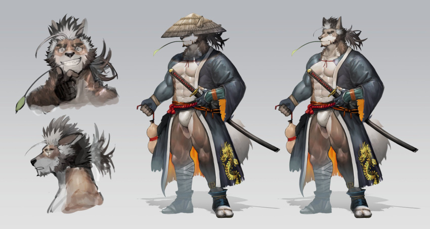 1boy abs animal_ears bandaged_leg bandages bara beard blue_kimono brown_hair bulge covered_eyes cropped_torso dragon_print expressions eyebrow_cut facial_hair from_side full_body fundoshi grin hand_on_own_chin hat highres holding holding_sword holding_weapon japanese_clothes kimono large_pectorals male_focus mature_male medium_hair mouth_hold multicolored_hair muscular muscular_male navel neumo nipples open_clothes open_kimono original pectorals ponytail print_kimono reference_sheet ronin samurai sheath smile standing stomach straw_hat stroking_own_chin sword tail thick_thighs thighs two-tone_hair underpec unsheathing weapon white_hair wolf_boy wolf_ears wolf_tail