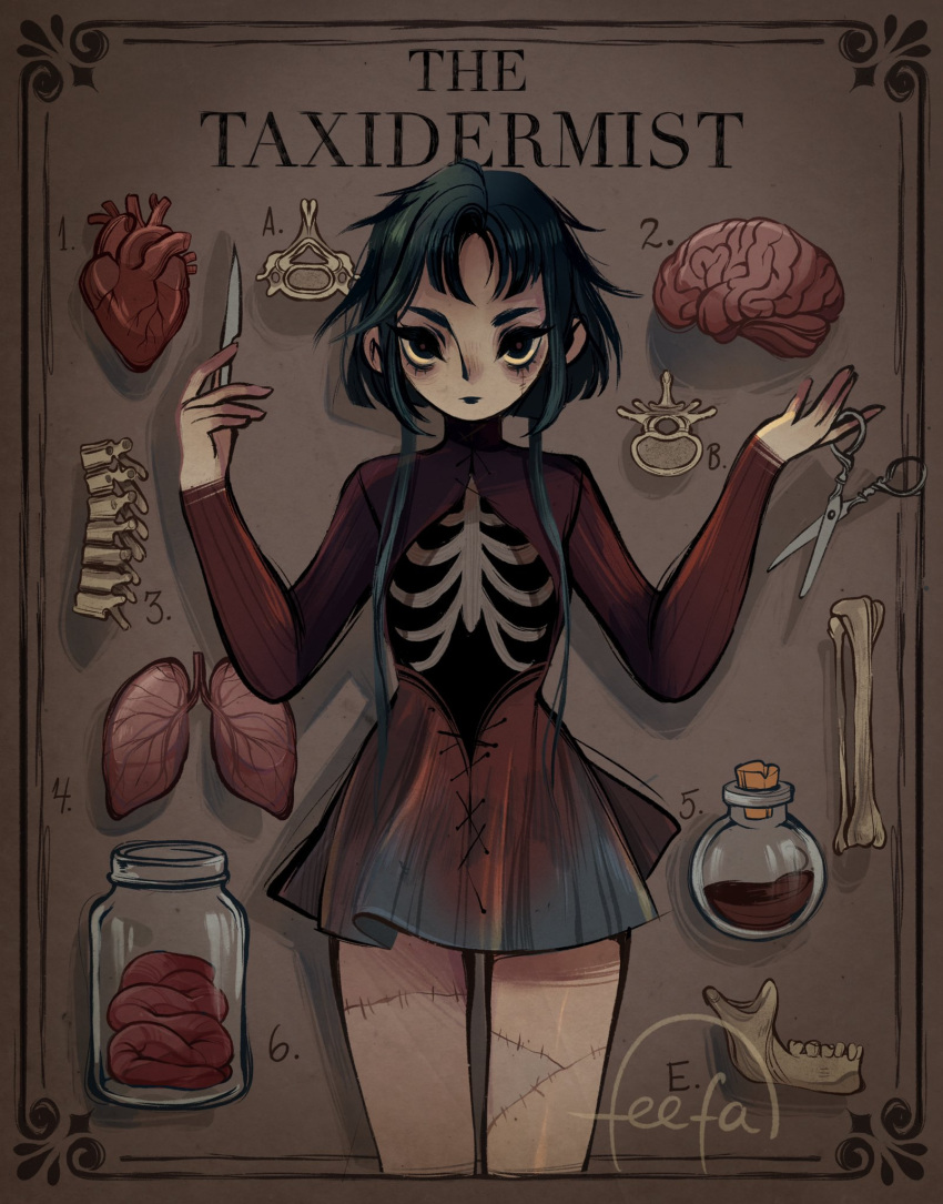 1girl bangs blood blue_hair bottle character_name commentary cork corked_bottle english_commentary exposed_bone feefal heart_(organ) highres holding holding_scalpel holding_scissors intestines jar jaw lungs organs original paper_background scalpel scissors shadow short_hair sinister skirt stitches surgical_scissors