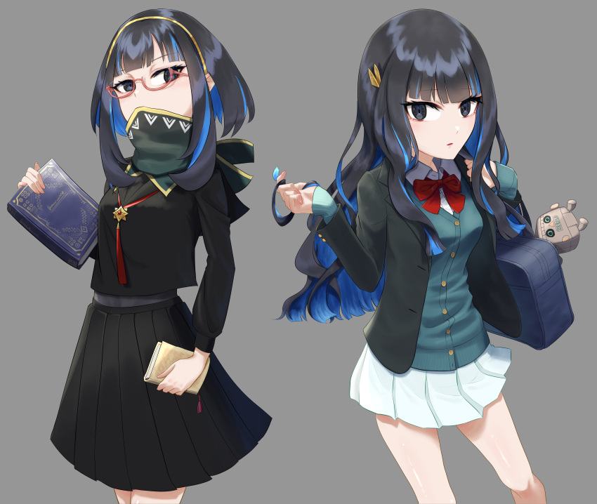 1girl absurdres bag bangs black_hair black_jacket black_serafuku black_shirt black_skirt blue_hair book bow bowtie breasts buttons collared_shirt colored_inner_hair fate/grand_order fate_(series) glasses green_sweater grey_eyes high_collar highres huitzilopochtli_(fate) jacket long_hair long_sleeves looking_at_viewer miniskirt multicolored_hair multiple_views naninenene open_clothes open_jacket pleated_skirt school_bag school_uniform serafuku shirt short_hair sidelocks skirt small_breasts stuffed_toy sweater thighs wavy_hair white_skirt