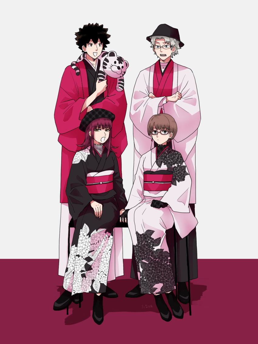 2boys 2girls bangs beret black_footwear black_gloves black_hair black_headwear black_kimono brown_hair coat crossed_arms flipped_hair floral_print full_body glasses gloves hakama hand_up haori hat highres holding_hands japanese_clothes katori_youko kimono light_brown_hair long_sleeves looking_at_viewer medium_hair miura_yuuta multiple_boys multiple_girls obi on_shoulder open_mouth pink_coat pink_hair pink_kimono rism02682 sash shoes short_hair somei_hana spiked_hair standing stuffed_animal stuffed_tiger stuffed_toy undershirt unmoving_pattern wakamura_rokurou white_background white_coat white_kimono wide_sleeves world_trigger