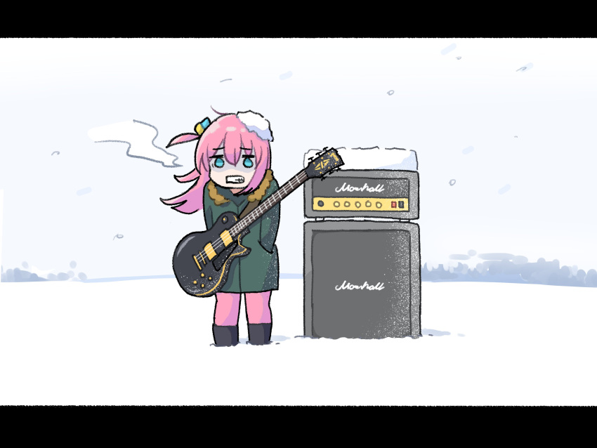 1girl absurdres amplifier aqua_eyes black_footwear bocchi_the_rock! boots clenched_teeth coat electric_guitar gotou_hitori grey_coat guitar hands_in_pockets highres instrument letterboxed long_hair long_sleeves marshall oishi_oiru one_side_up outdoors pants pink_hair pink_pants snow snow_on_head solo standing teeth