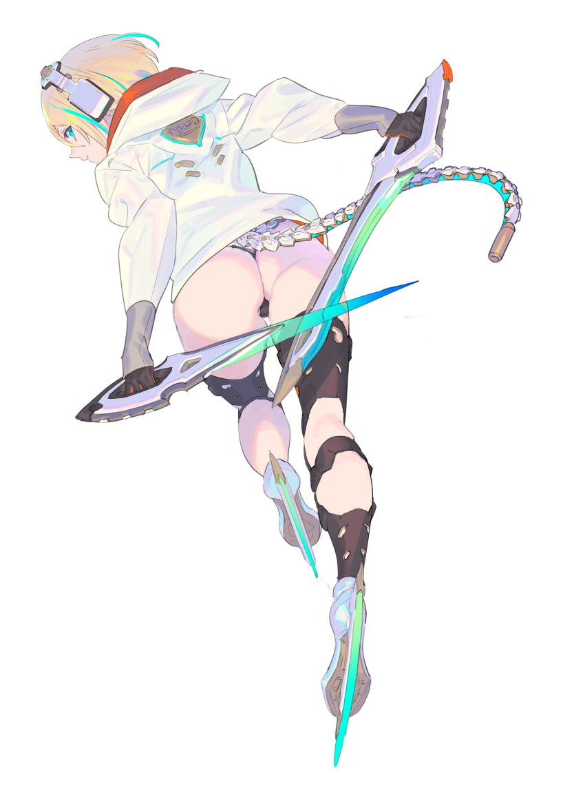 1girl absurdres aqua_eyes armor ass blade blonde_hair blue_hair closed_mouth dagger dual_wielding elbow_gloves enkyo_yuuichirou from_behind gloves headphones heel_blade highres holding holding_dagger holding_knife holding_weapon hood hoodie knife looking_at_viewer looking_back multicolored_hair original revealing_clothes reverse_grip short_hair solo streaked_hair tail weapon white_hoodie